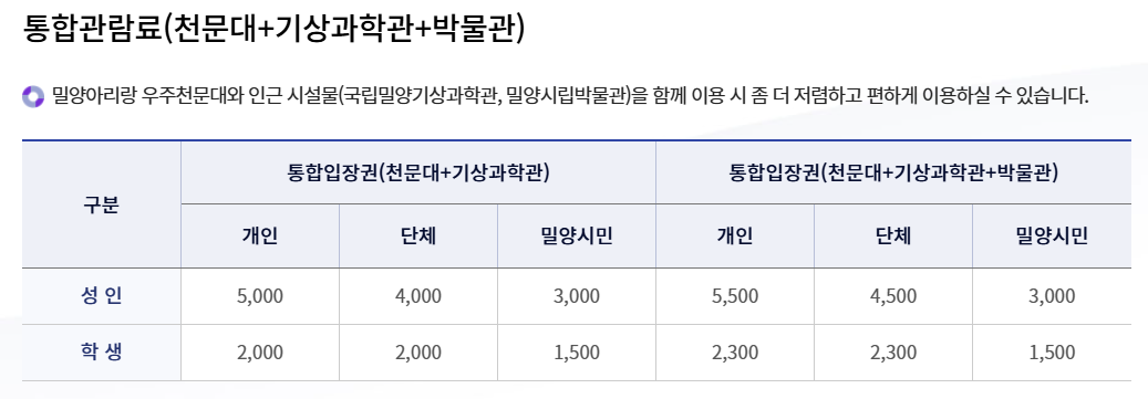 밀양아리랑우주천문대 관람료 이미지