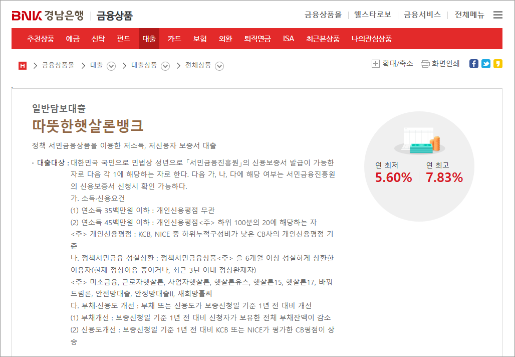 BNK경남은행 따뜻한햇살론뱅크 저신용자 정책 서민금융진흥원 일반 담보대출 상품 자격조건 및 금리 한도 신청 방법