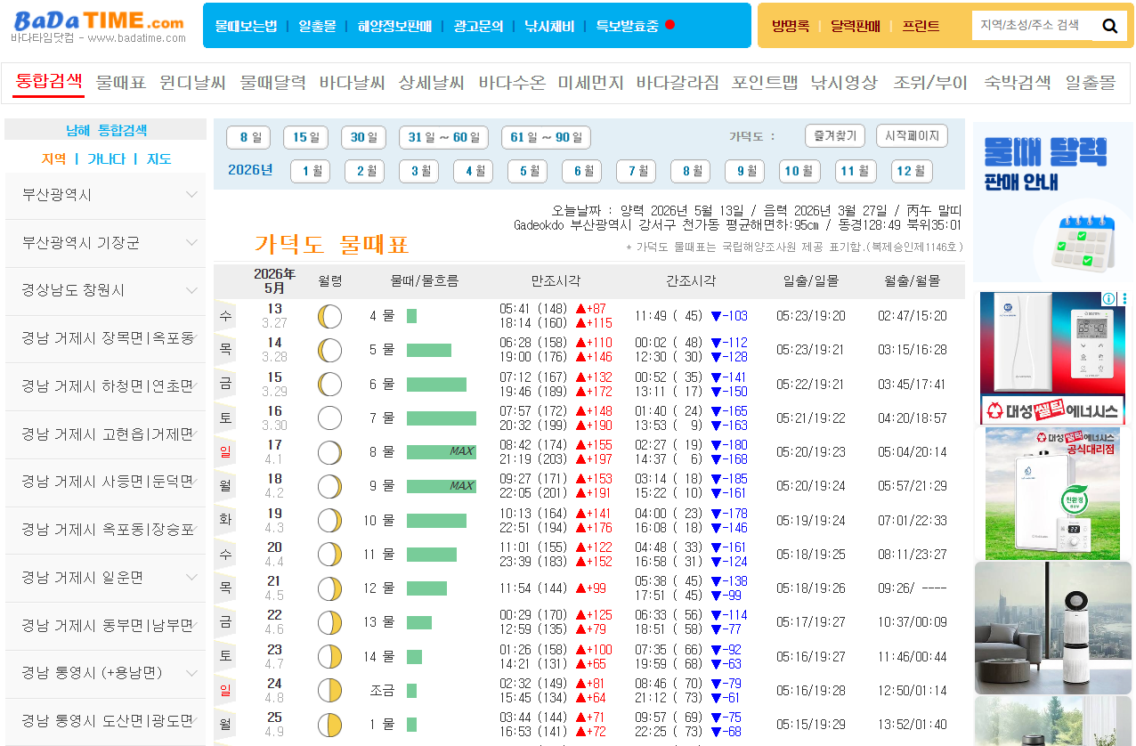 바다타임 물때표 보는법과 가덕도 영종도 달력 안내